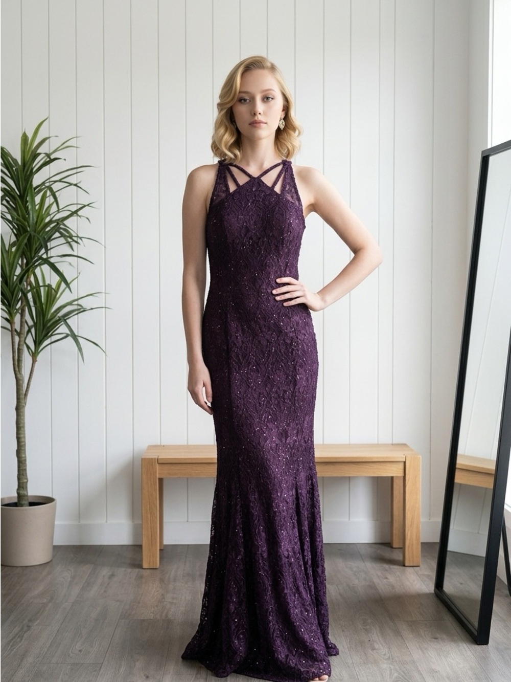 R & M Richards Deep Purple Beaded Lace Maxi Gown